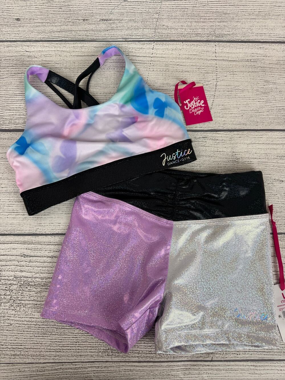 Justice Dance Gym Girl's Butterfly Cloud Iridescent Bra & Shorts Set Size Large
